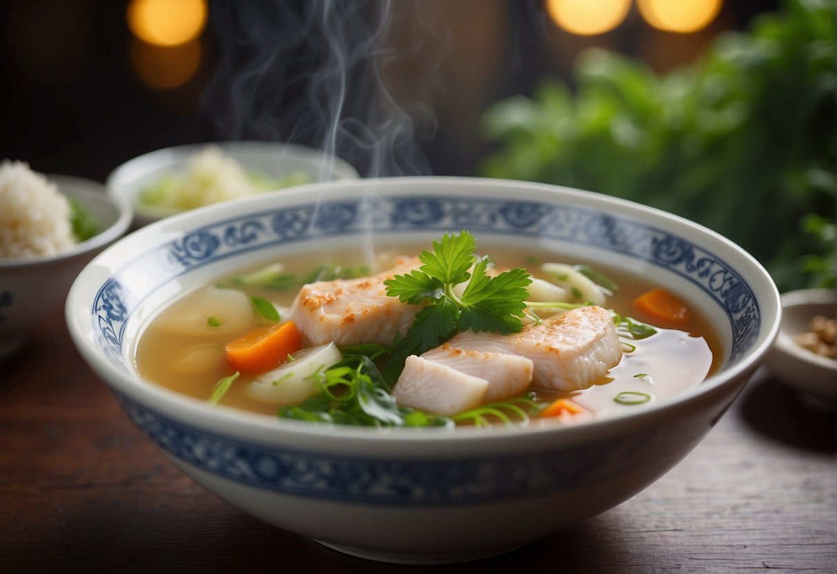 A steaming bowl of Chinese ginger fish soup with fragrant herbs, tender fish chunks, and vibrant vegetables floating in a clear, savory broth