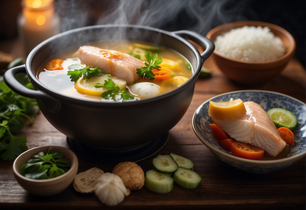 A steaming pot of Chinese ginger fish soup surrounded by fresh ingredients and a recipe book