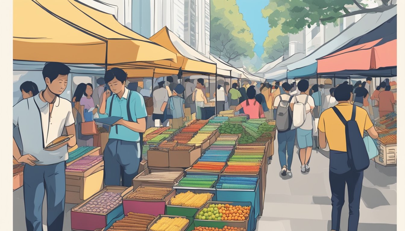 A bustling street market in Singapore, with colorful stalls selling affordable harmonicas. Shoppers browse through the selection, while vendors call out their prices