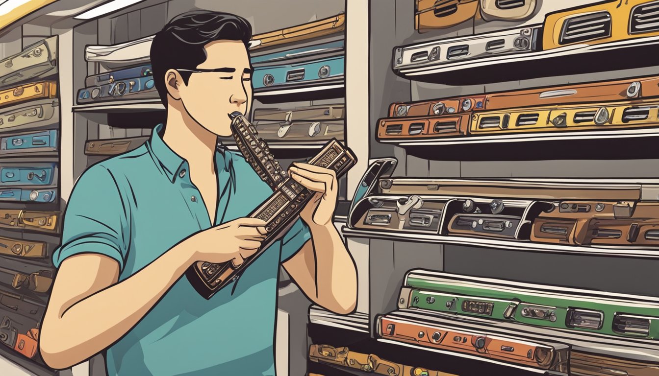 A customer selects a harmonica from a display of various musical instruments at a store in Singapore, where the prices are marked as "cheap."