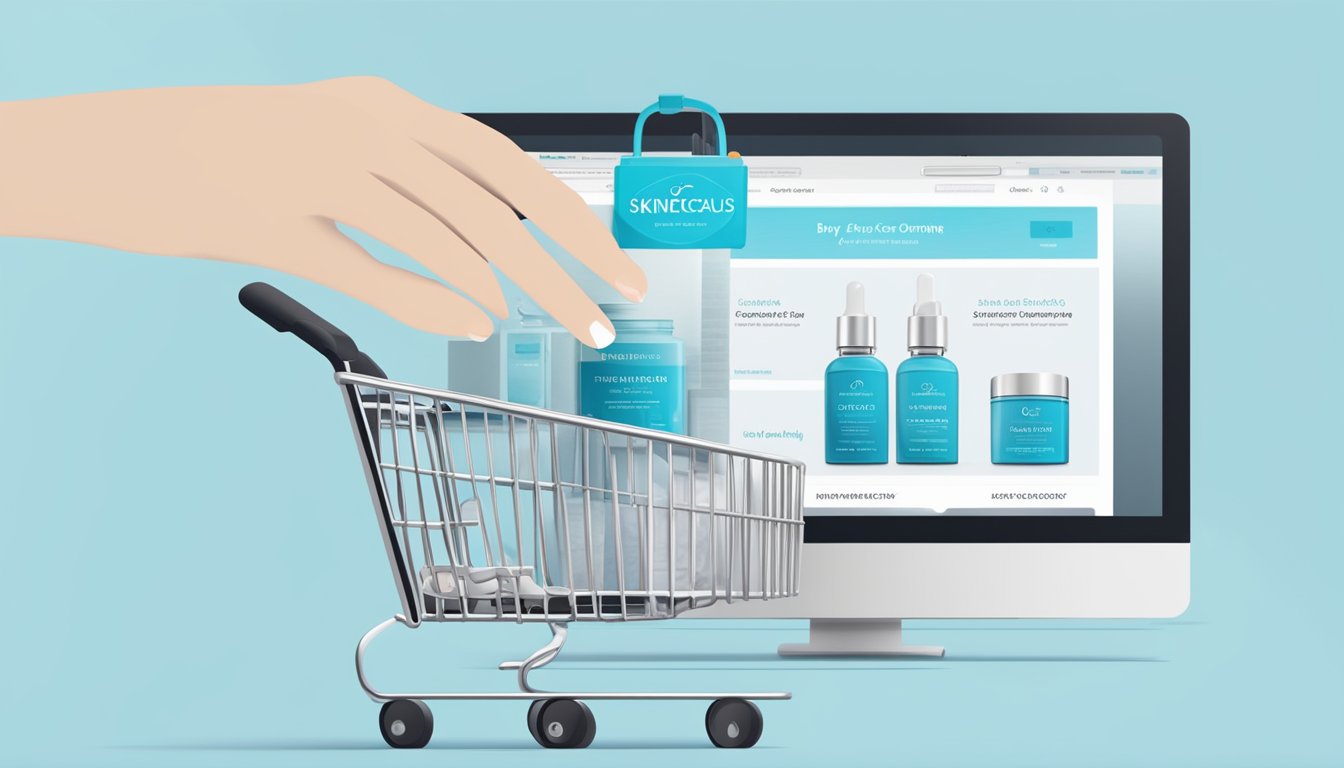 A hand reaches out to a computer, clicking "buy skinceuticals online." The Skinceuticals logo is visible on the screen, with product images and a shopping cart icon