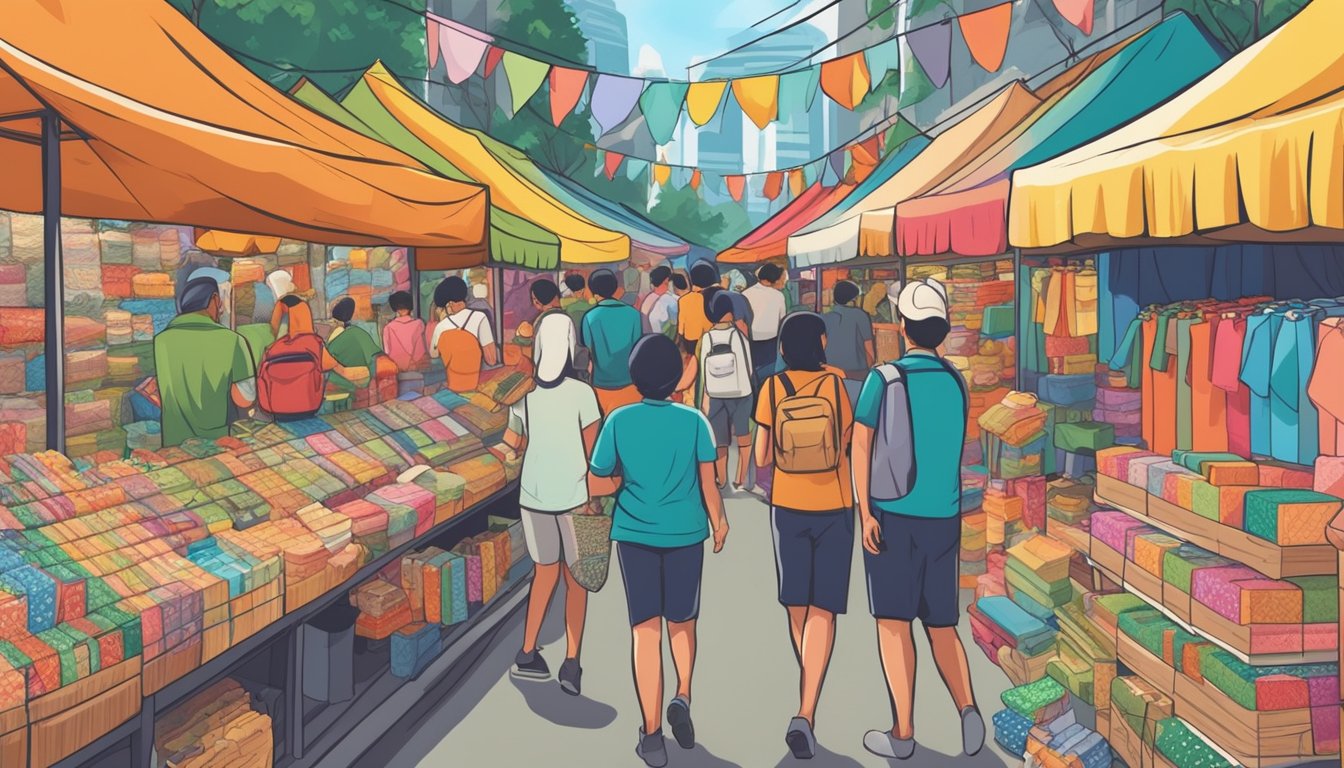 A crowded market stall sells colorful, affordable wrapping paper in Singapore. Shoppers browse through rolls and sheets, while the vendor restocks the display
