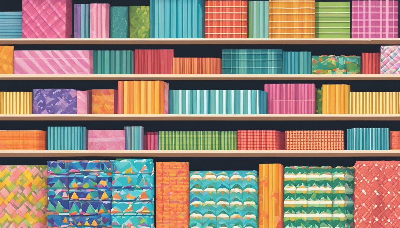 Colorful shelves display various patterns of budget-friendly wrapping paper in a crowded Singapore shop. Customers browse and compare prices