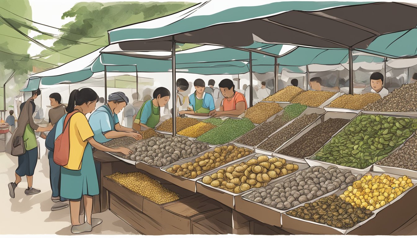 A bustling market stall displays various species of live snails for sale in Singapore