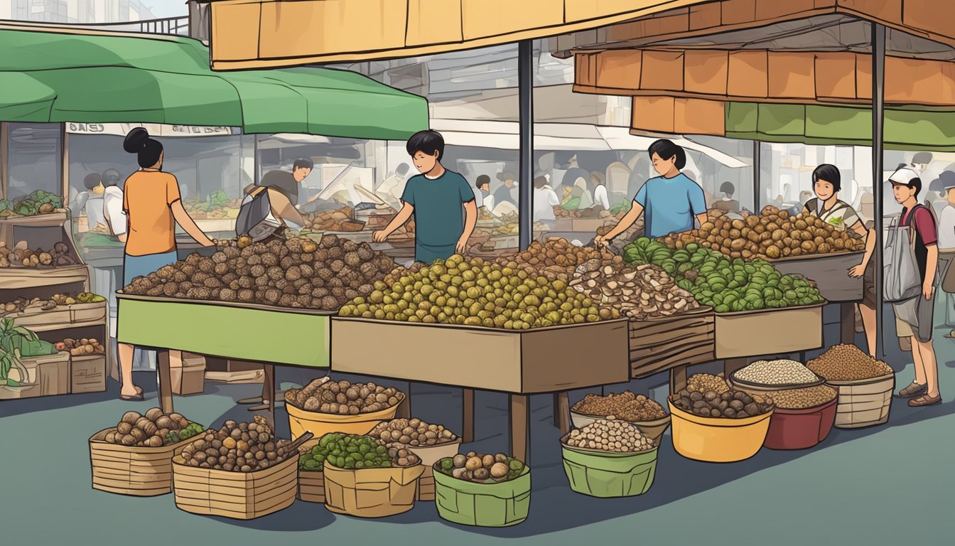 A street market in Singapore showcases various snail retailers, each displaying different species and sizes of snails for sale