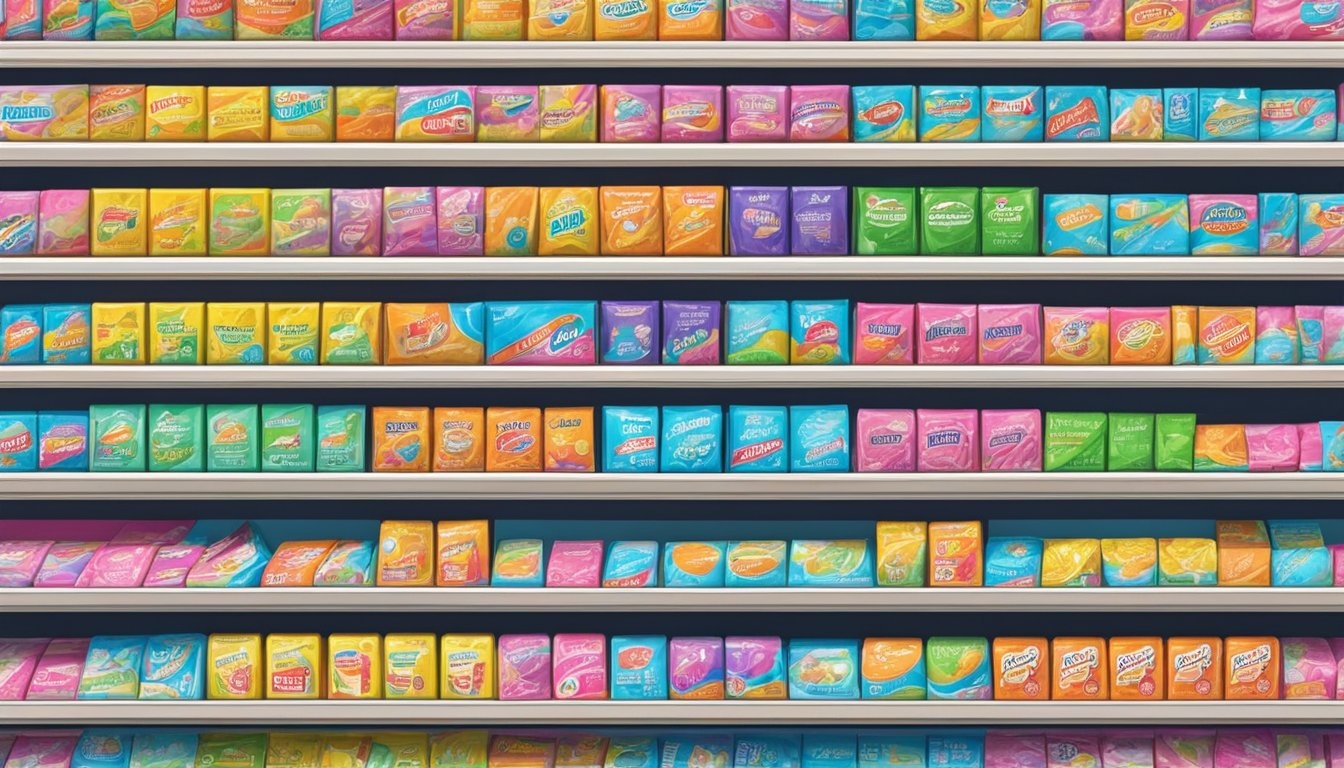 A colorful display of chewing gum packets on shelves in a Singaporean convenience store