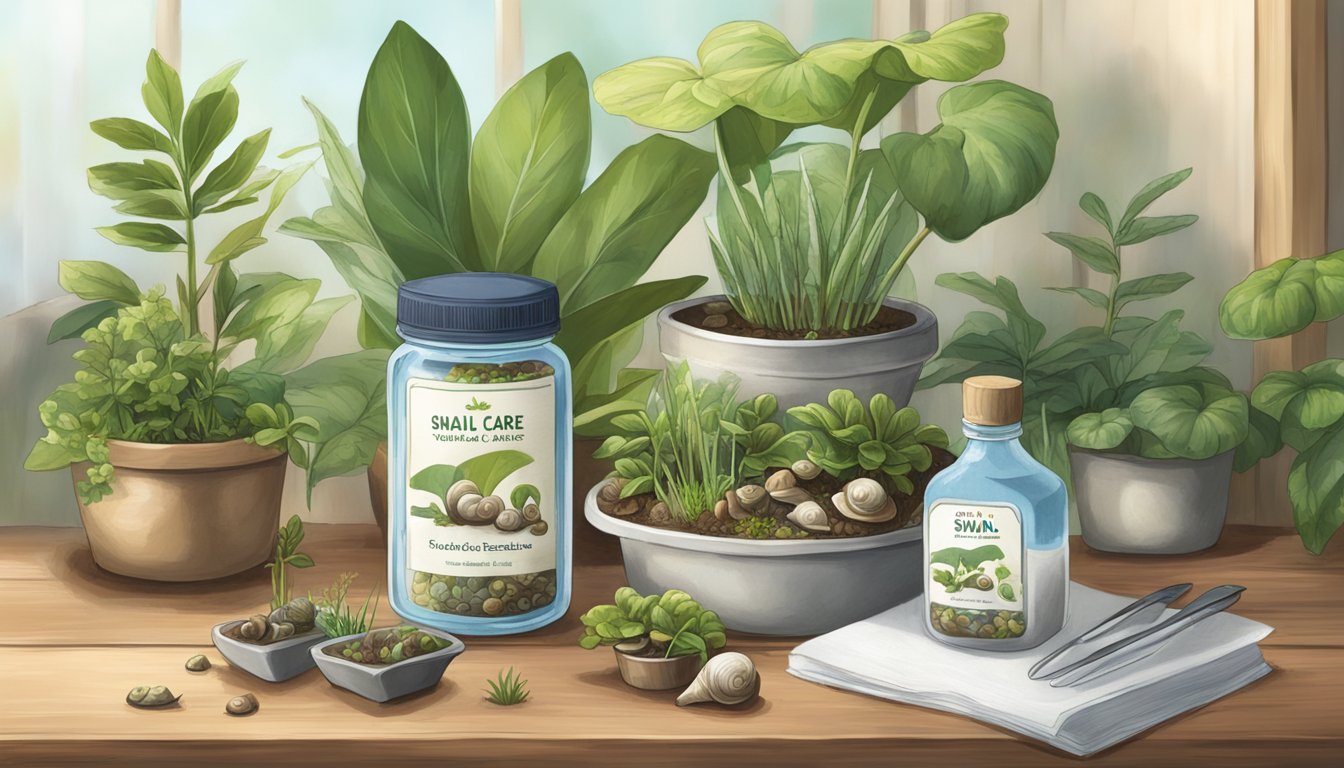 A small container of snails sits on a wooden table, surrounded by a variety of plants and a small dish of water. The label "Snail Care Essentials" is prominently displayed