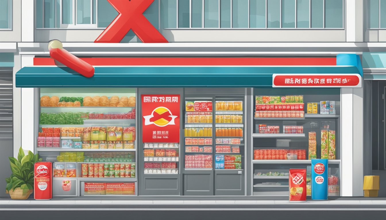 A sign outside a Singaporean convenience store displays a bold red X over a pack of chewing gum, with text below it explaining the country's strict regulations on gum sales