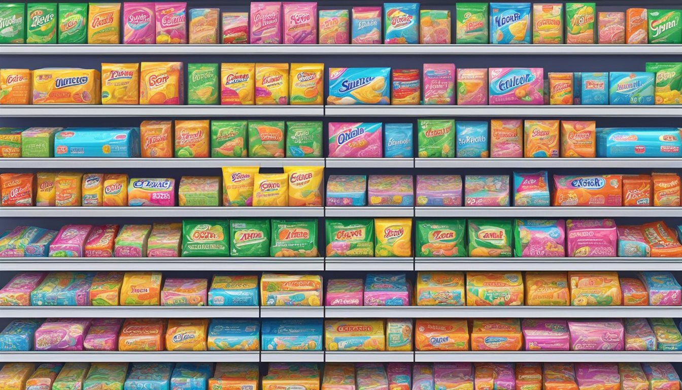 A colorful display of chewing gum packages in a Singaporean convenience store, with a variety of brands and flavors neatly arranged on shelves