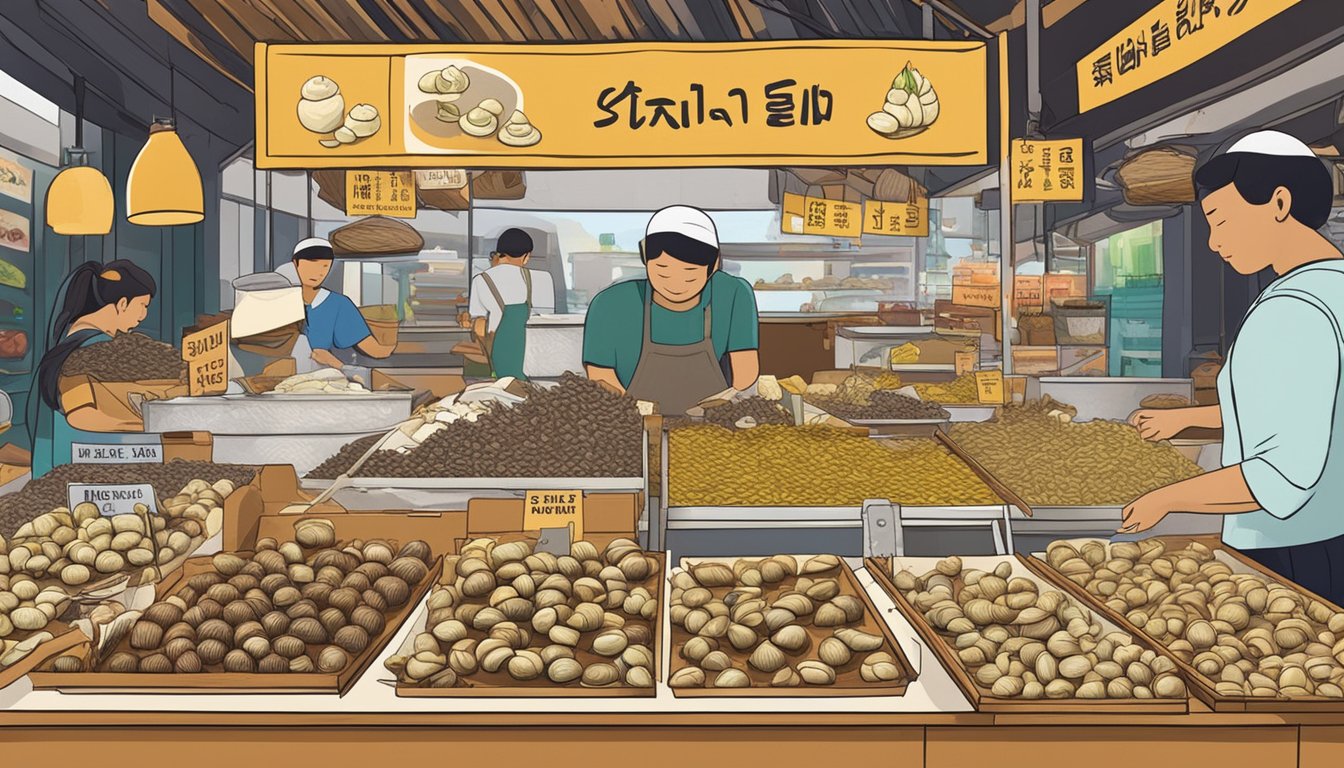 A display of fresh snails in a market stall in Singapore, with a sign reading "Where to buy snails in Singapore" prominently displayed