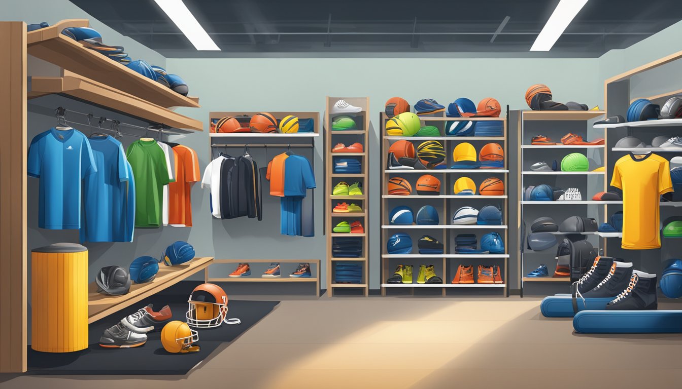 A display of sports equipment in a well-lit store, with shelves neatly organized and stocked with essential gear for athletes