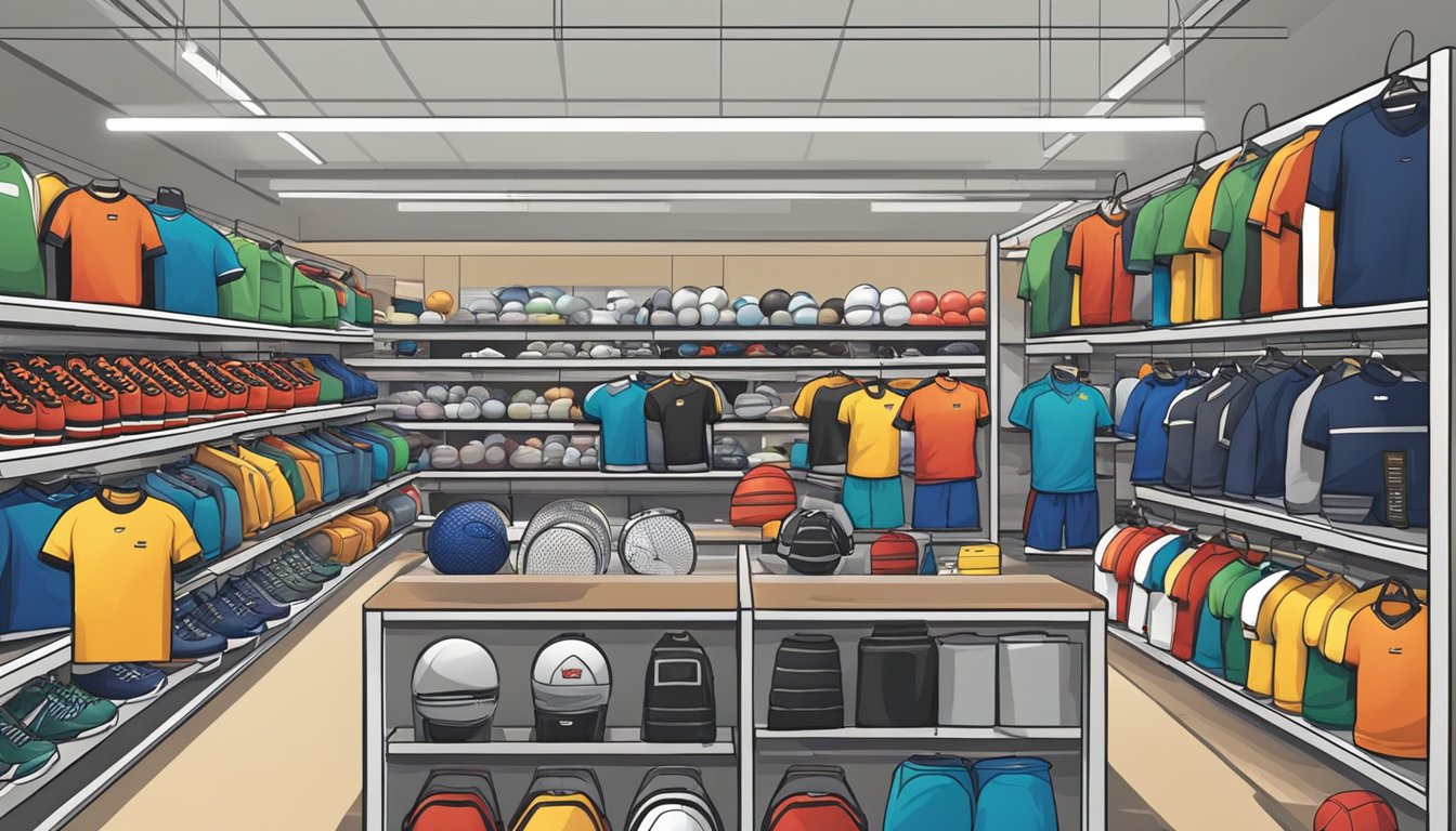 A crowded sports equipment store in Singapore with shelves stocked with various gear and signage indicating frequently asked questions on purchasing