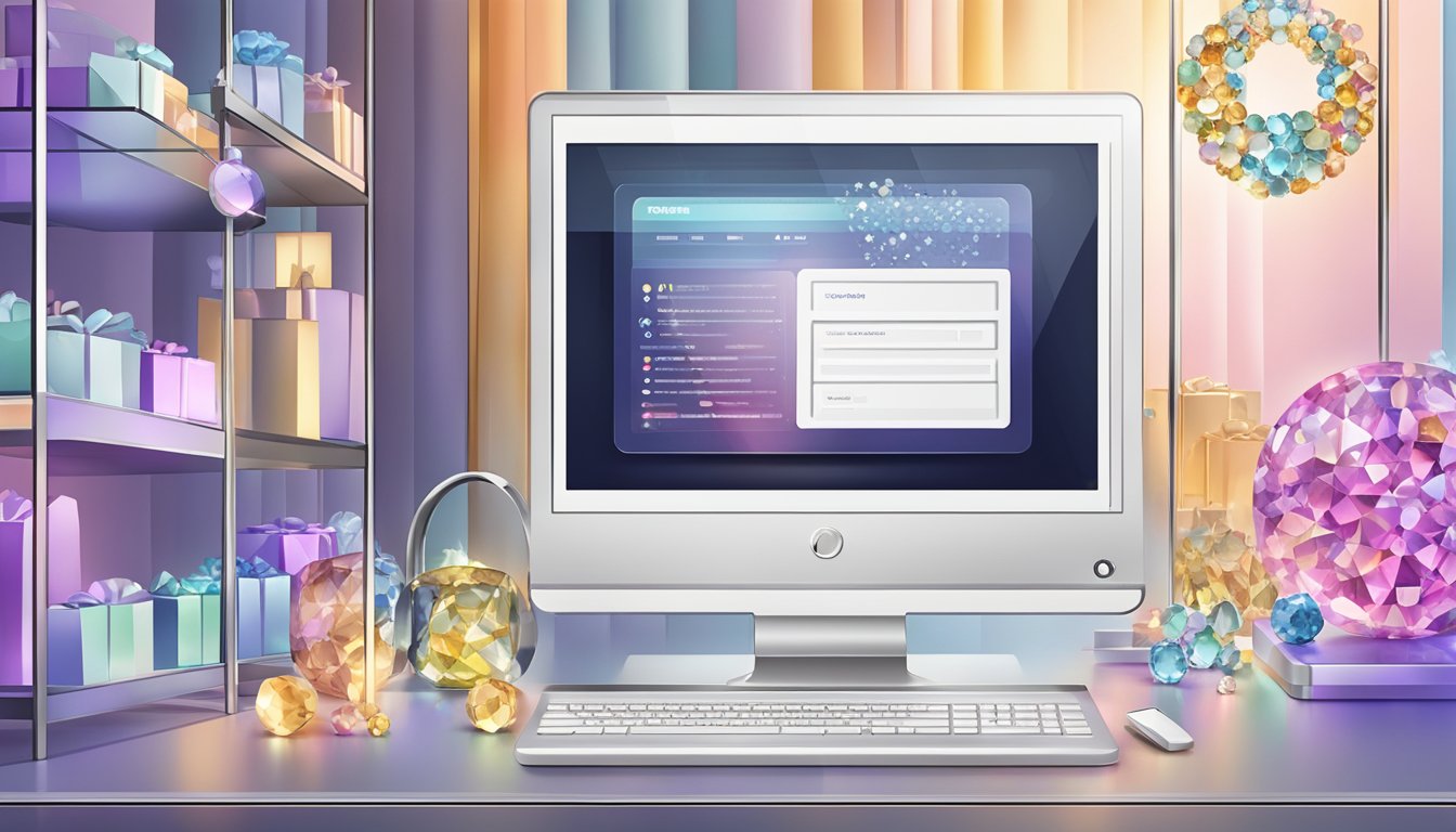 A computer screen displaying an online store with various Swarovski crystals. Add a secure payment option and a sleek, modern design