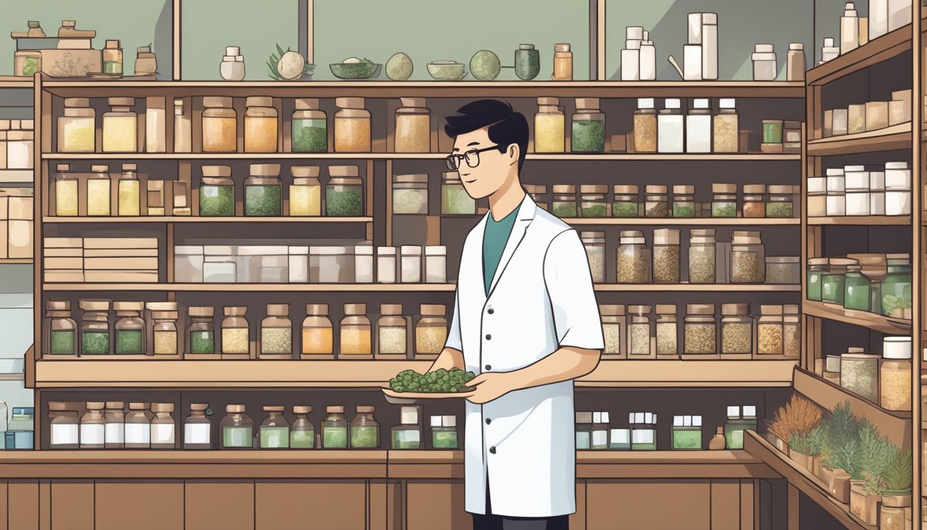 A traditional Chinese medicine shop in Singapore, with shelves lined with herbal remedies and dried plants, a pharmacist assisting a customer