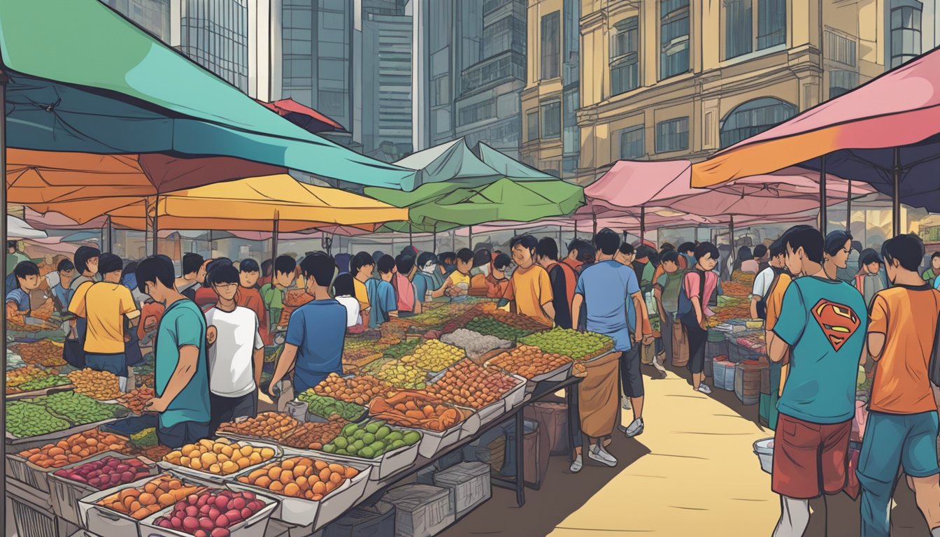 A bustling street market in Singapore showcasing colorful superhero t-shirts on display at various vendor stalls