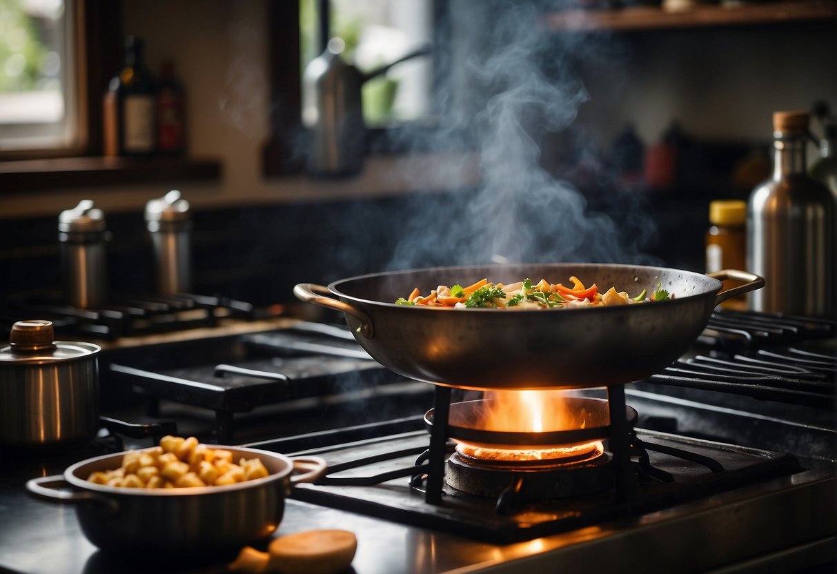 A wok sizzles atop a gas stove, surrounded by bottles of Chinese ginger vinegar and other cooking equipment