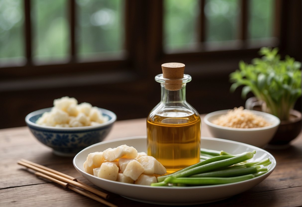 A bottle of Chinese ginger vinegar sits on a wooden table, surrounded by fresh ginger, garlic, and soy sauce. A pair of chopsticks rests beside a small dish of pickled vegetables