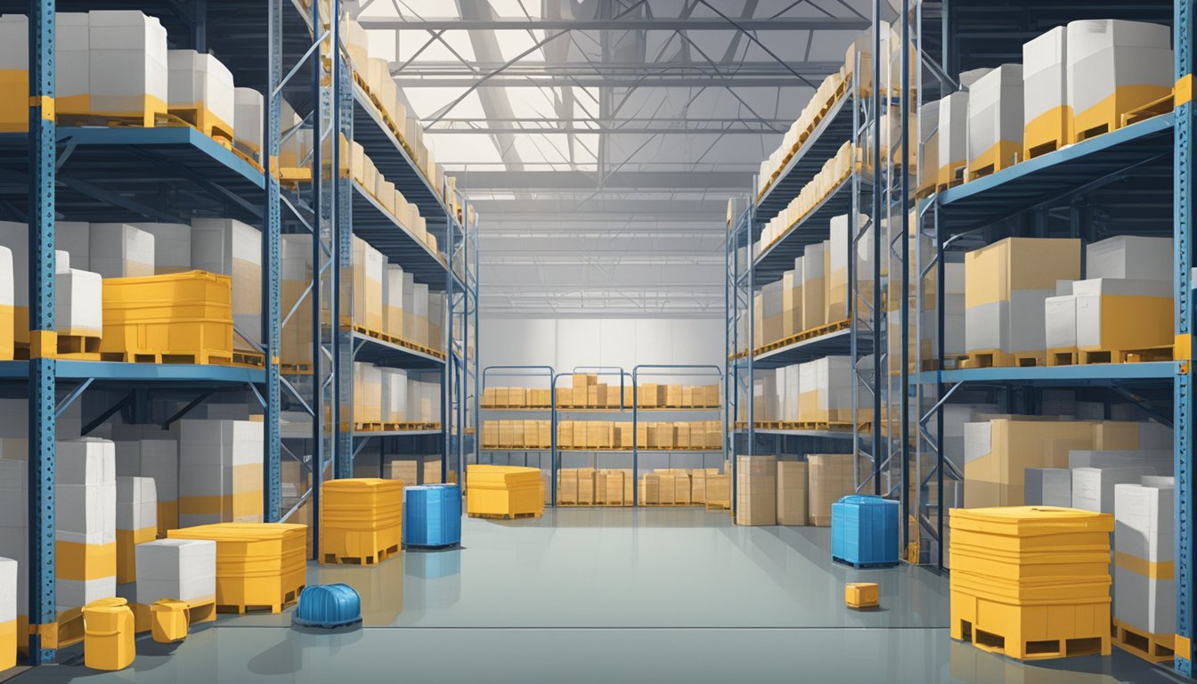 A warehouse with rows of chlorine containers, labeled and stacked neatly, with a loading bay and workers transporting the containers