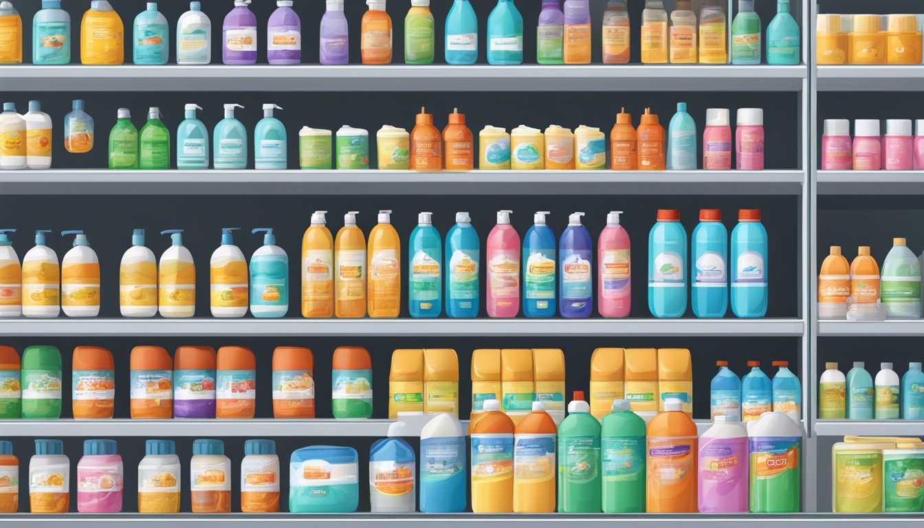 A store shelf stocked with chlorine products in a Singaporean retail store