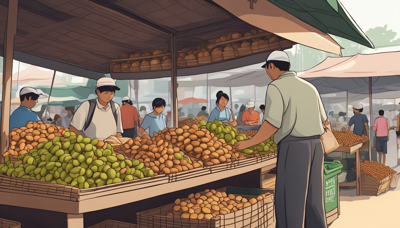 A bustling Singapore market stall sells ripe tamarind fruit in baskets, with vendors weighing and packaging them for customers