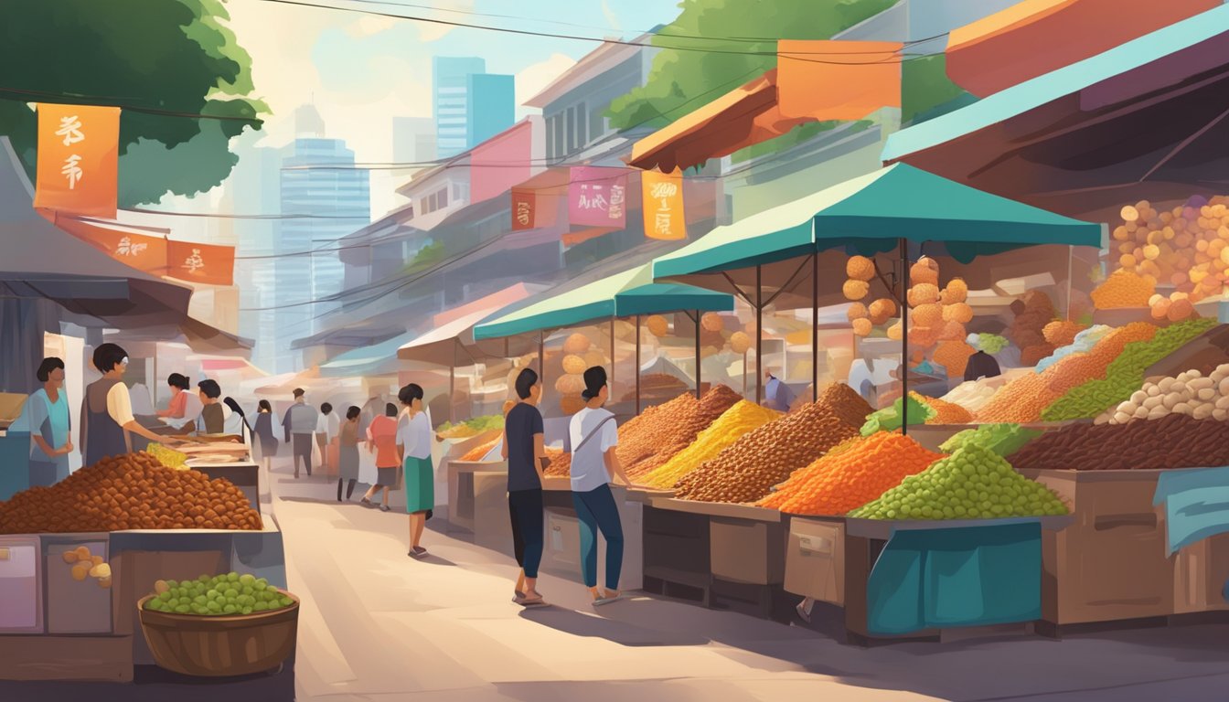 Vibrant Singapore market stall with piles of fresh tamarind, colorful signage, and bustling activity