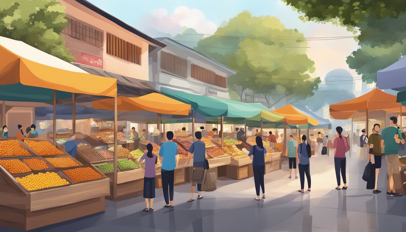A bustling marketplace with colorful stalls selling tamarind fruit in Singapore. Customers eagerly inquire about the fruit's origin and price