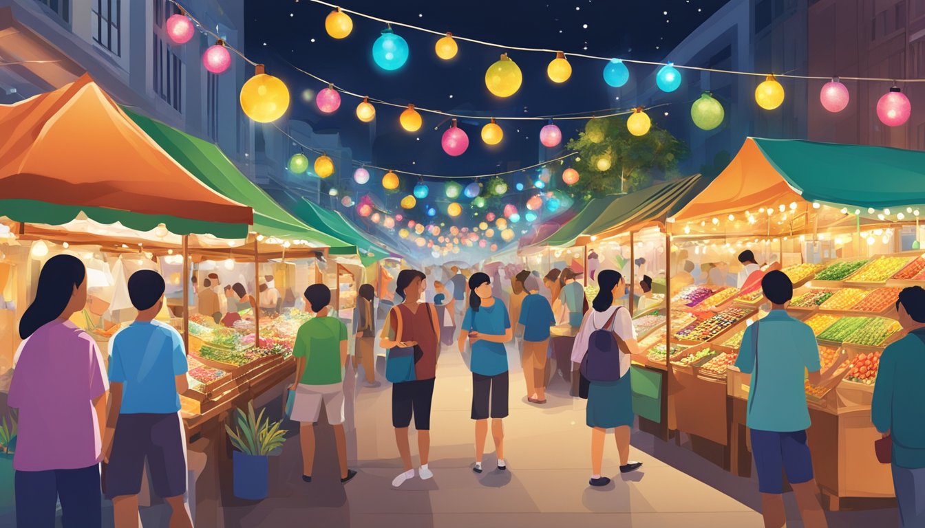 A bustling market stall displays colorful Christmas lights in Singapore. Shoppers browse the festive selection, while vendors arrange twinkling displays