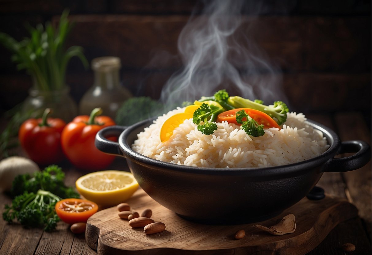 A steaming pot of Chinese one-pot rice, filled with colorful vegetables and savory aromas, sits on a rustic wooden table