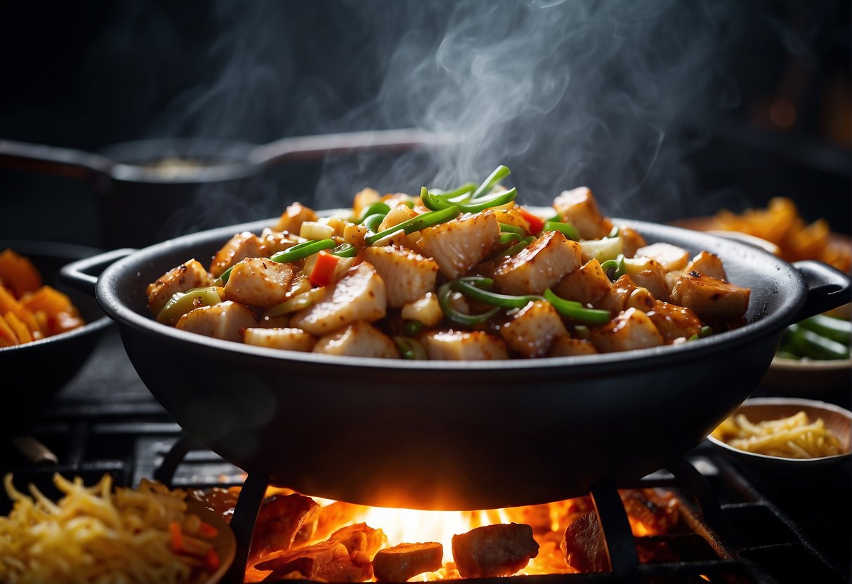 Sizzling diced chicken and onions in a wok with vibrant Chinese spices and sauces