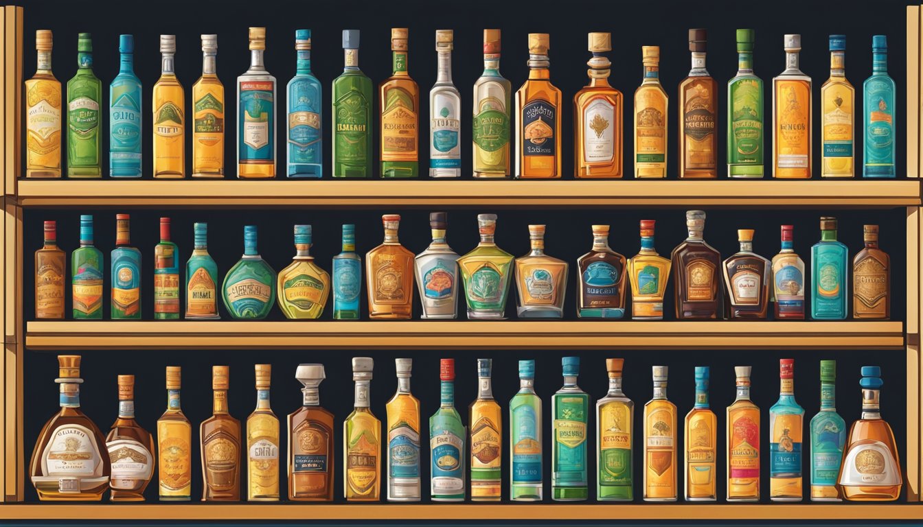 A display of various tequila bottles lined up on shelves in a specialty liquor store in Singapore, with colorful labels and unique packaging