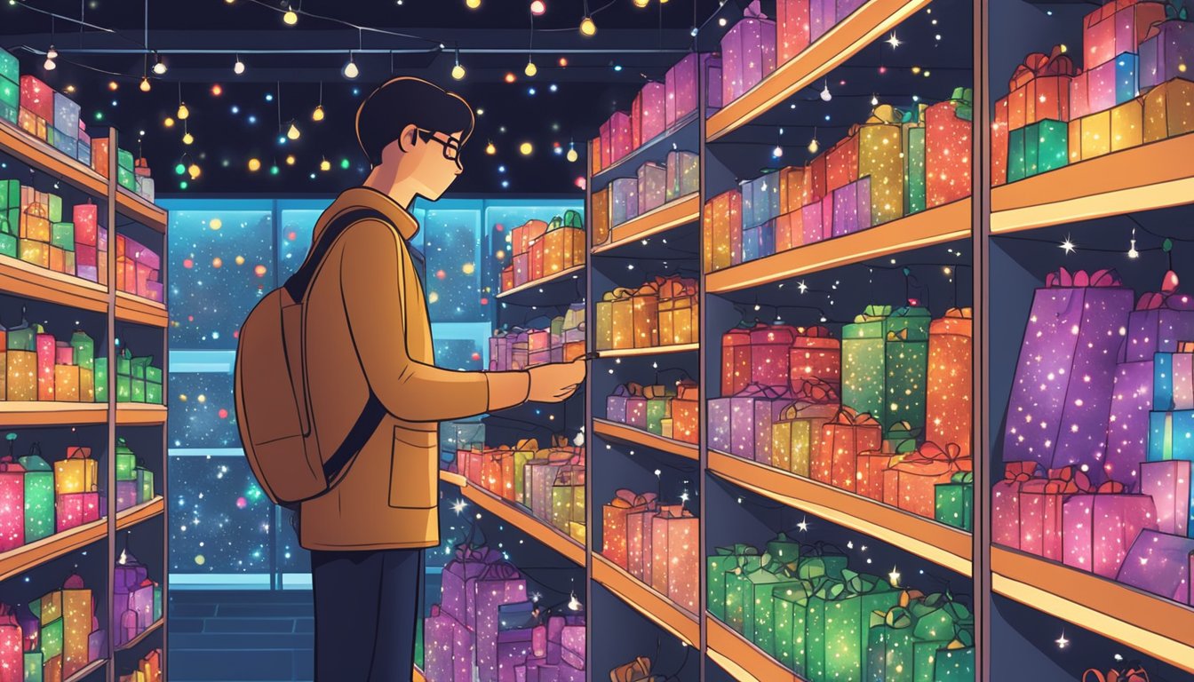 A person browsing through various types of Christmas lights at a store in Singapore, with shelves filled with colorful and twinkling options