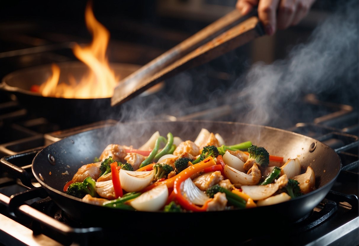 A wok sizzles as onions and chicken stir-fry together, filling the kitchen with the aroma of Chinese spices
