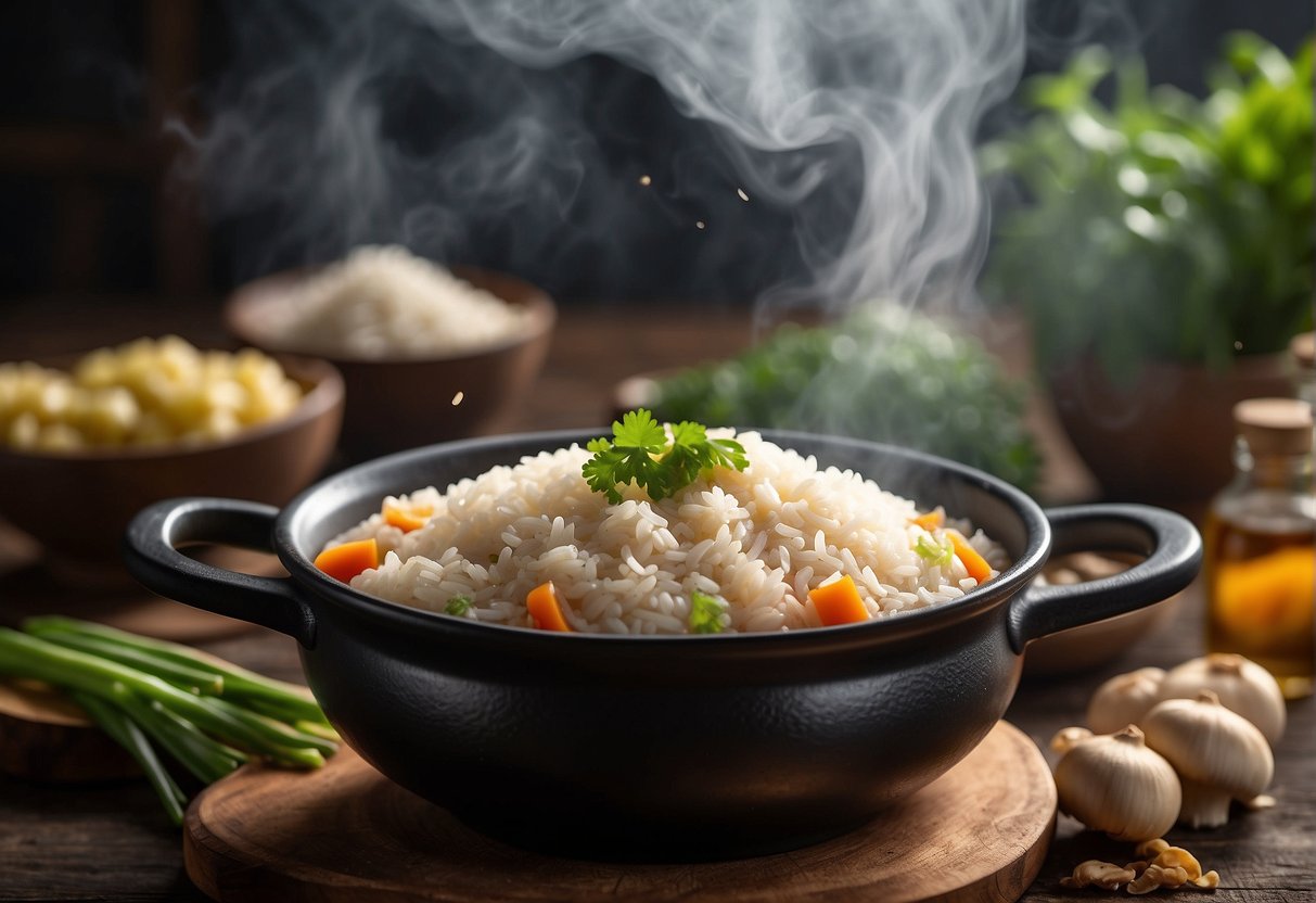A steaming pot of Chinese one-pot rice surrounded by essential ingredients such as rice, soy sauce, ginger, garlic, mushrooms, and vegetables