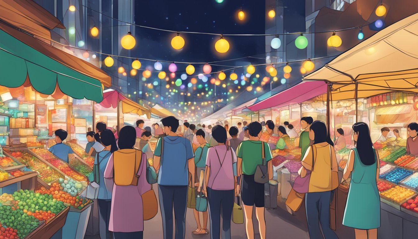 A bustling market stall in Singapore with colorful Christmas lights displayed for sale. Shoppers browsing and pointing at different options