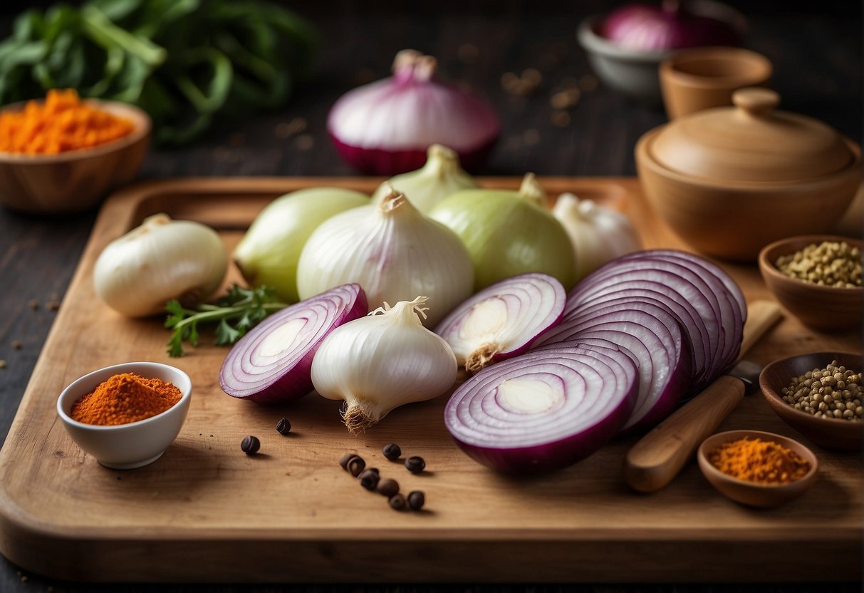 A chopping board with sliced onions, raw chicken, and Chinese spices laid out for a recipe illustration
