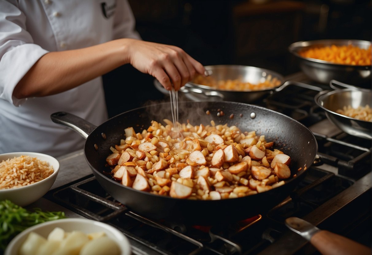 Chopped onions sizzle in a hot pan with marinated chicken, as a chef sprinkles in traditional Chinese spices