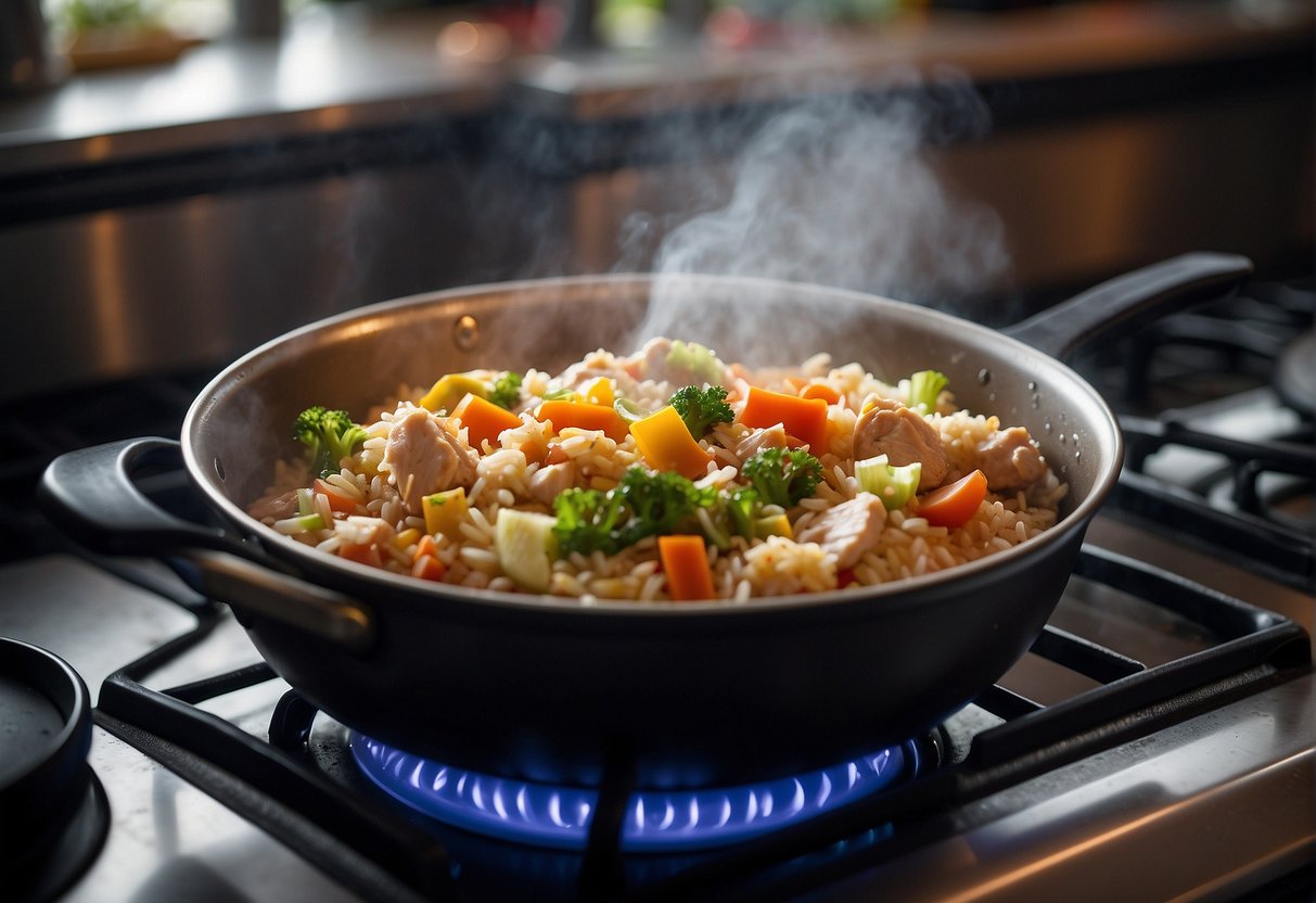 A steaming pot of Chinese chicken and rice, with colorful vegetables and fragrant spices, sizzling on a stovetop