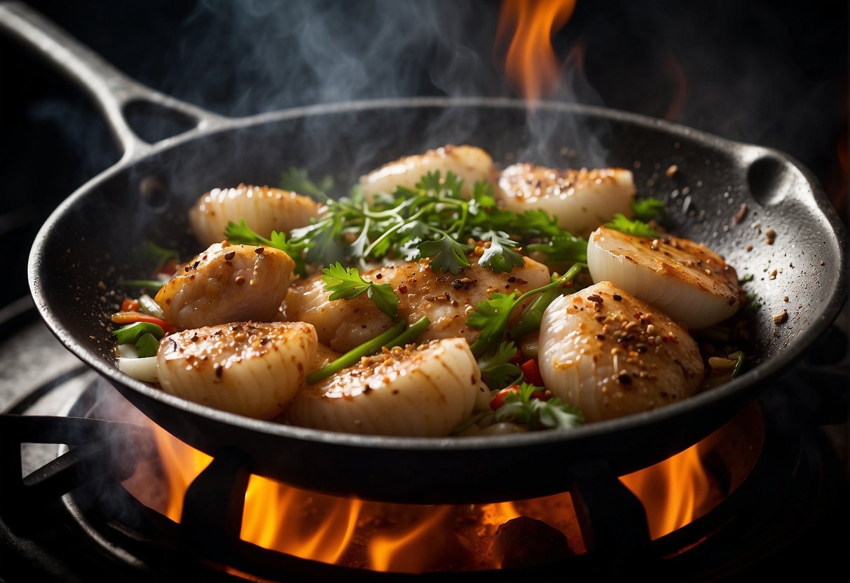 Onion chicken sizzling in a wok with Chinese spices and herbs. Steam rising from the dish as it cooks over a high flame