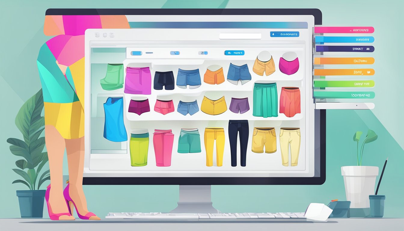 A computer screen displaying a variety of colorful thong options. A hand cursor hovers over a "buy now" button