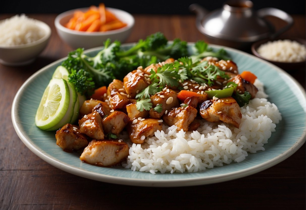 A plate of sizzling onion chicken with steamed rice and stir-fried vegetables, garnished with fresh cilantro and sesame seeds