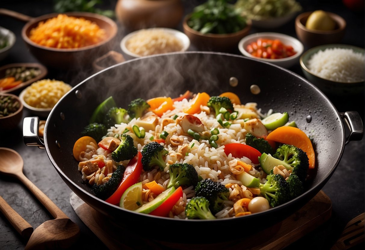 A wok sizzling with fragrant rice and colorful vegetables, surrounded by various cooking utensils and ingredients