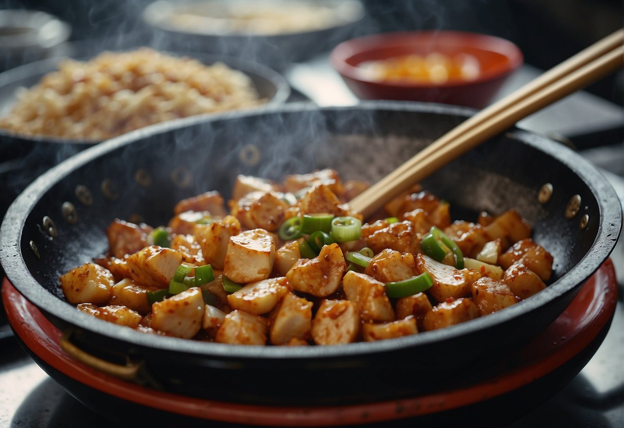 A sizzling wok with diced onions and marinated chicken stir-frying in a flavorful Chinese sauce