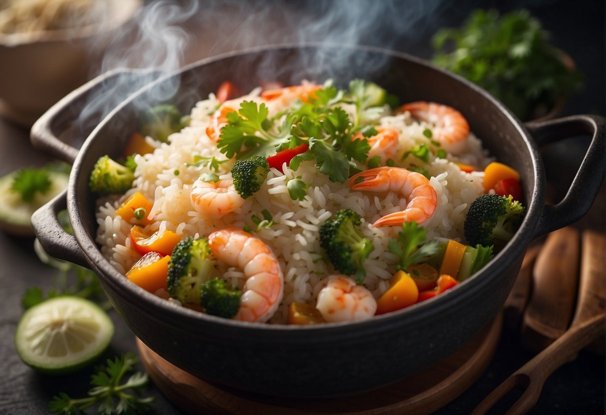 A steaming pot of Chinese one-pot rice, filled with colorful vegetables and succulent pieces of seafood, emanating a tantalizing aroma