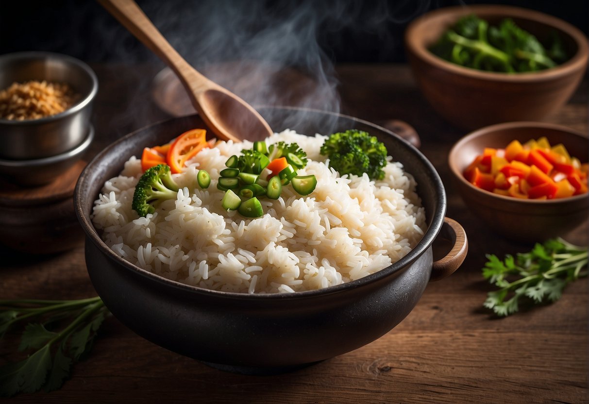 A steaming pot of Chinese one-pot rice sits atop a rustic wooden table, surrounded by colorful bowls of freshly chopped vegetables and fragrant spices