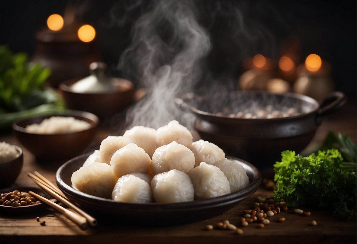 A steaming pot of traditional Chinese glutinous rice dumplings, surrounded by ingredients like pork, mushrooms, and bamboo leaves