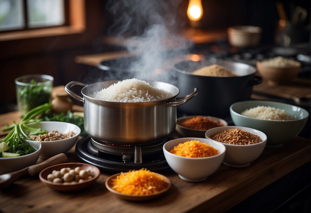 A steaming pot of Chinese rice cooking on a stove, surrounded by various ingredients and spices. A recipe book with "Frequently Asked Questions" is open nearby