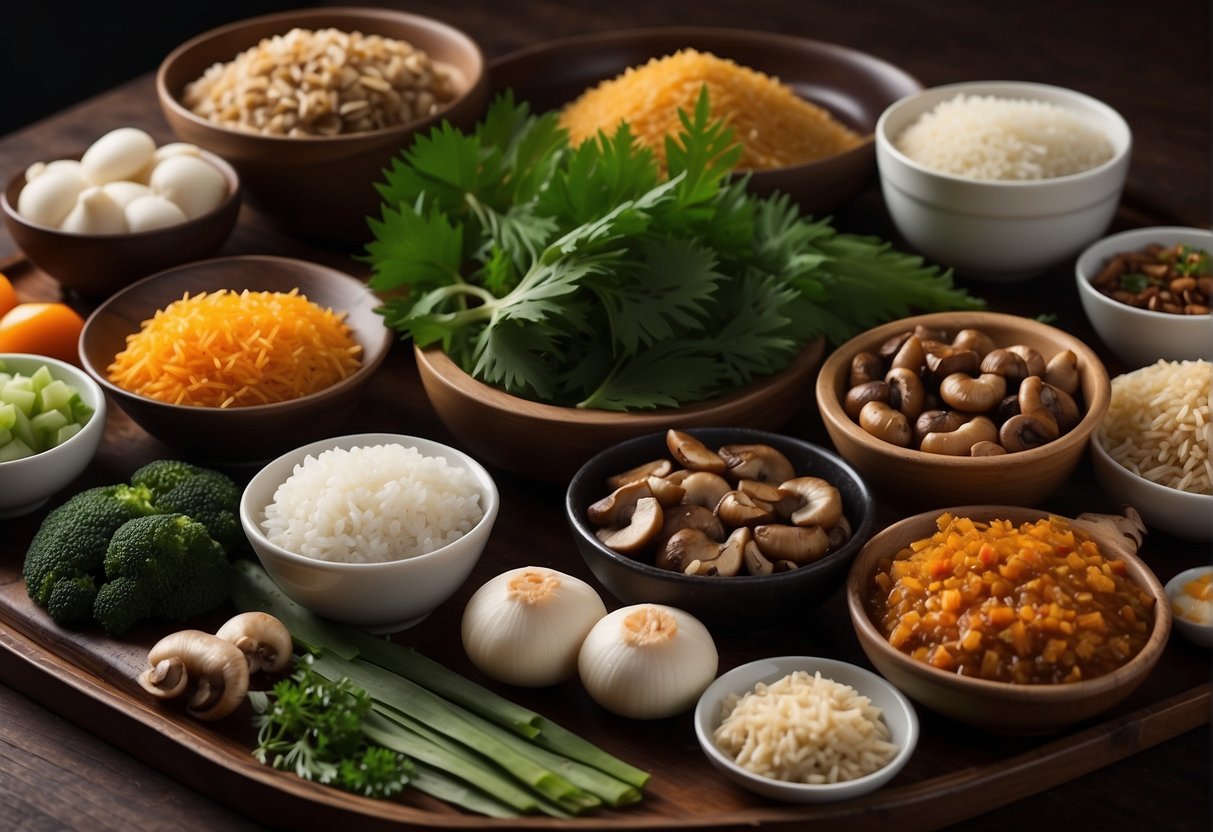 A table filled with ingredients like glutinous rice, pork, mushrooms, and bamboo leaves. Variations include vegetarian options and different fillings