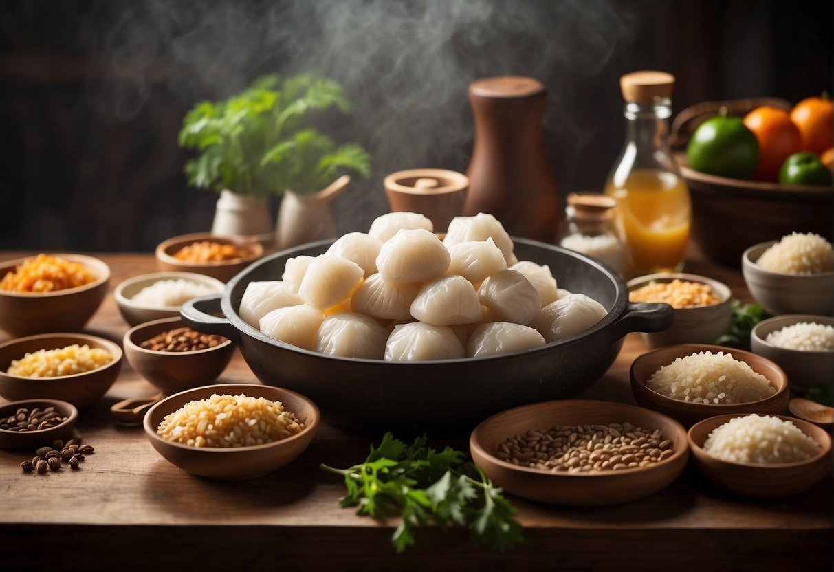A table filled with ingredients and cooking utensils for making Chinese glutinous rice dumplings, with a recipe book open to the frequently asked questions section