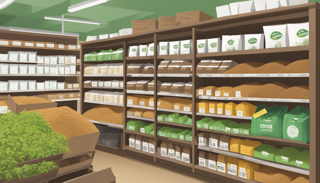 A shelf in a garden supply store displays bags of coco peat, with price tags and informational signage, in Singapore