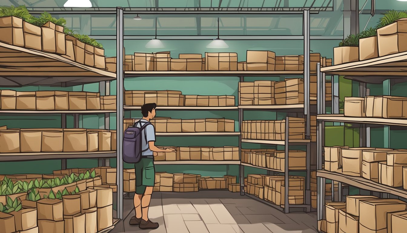 Shelves stocked with bags of coco peat at a garden supply store in Singapore. Customers browsing and asking staff for assistance